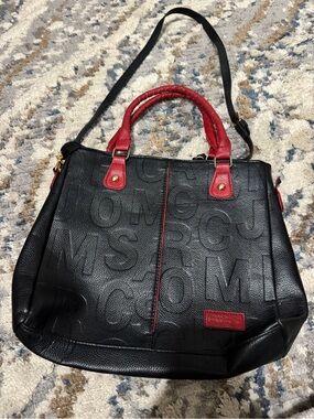 Black Shoulder Tote with Red Handles and Trim